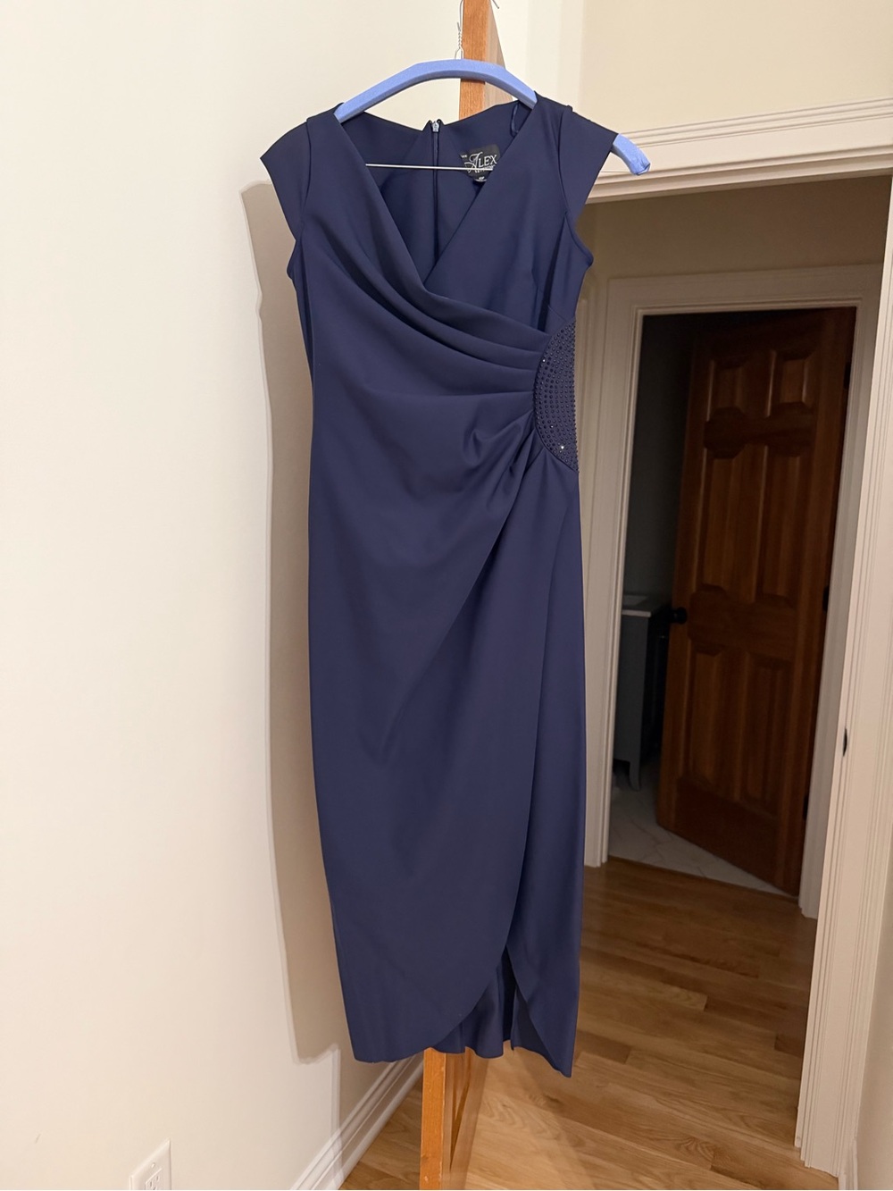 Alex Evenings Navy Draped Cap-Sleeve Sheath Dress